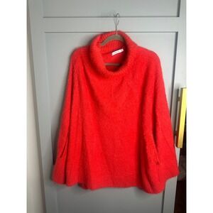Mer-Sea Fuzzy Knit Cowl Neck Poncho Sweater Orange Red One Size OS‎ Arm Slits